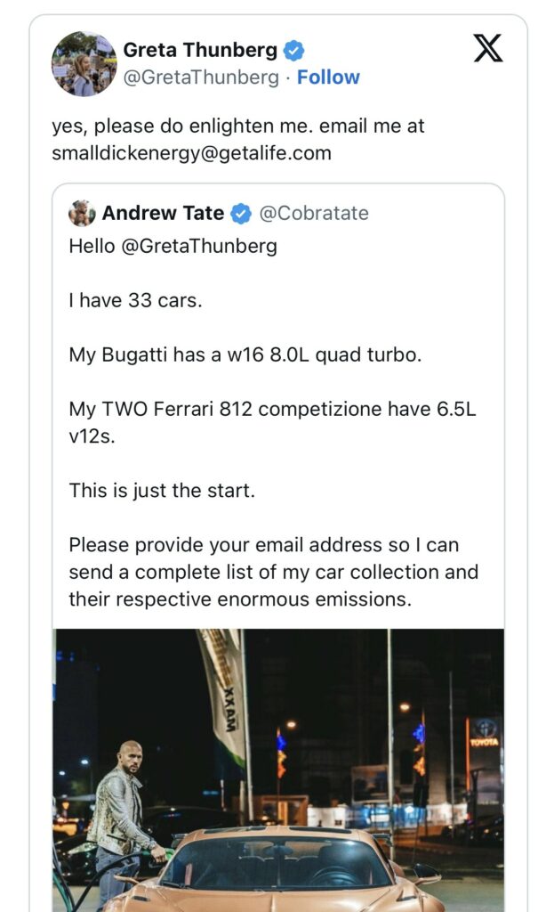 Greta Thunbergs smalldickenergy@getalife dot com Späßchen auf Twitter