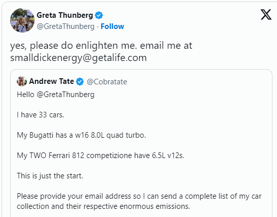 Greta Thunberg 1 Andrew Tate 0