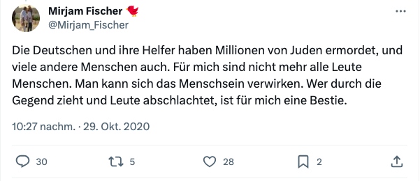 "Die Deutschen und ihre Helfer haben Millionen von Juden ermordet, und viele andere Menschen auch. Für mich sind nicht mehr alle Leute Menschen. Man kann sich das Menschsein verwirken. Wer durch die Gegend zieht und Leute abschlachtet, ist für mich eine Bestie."