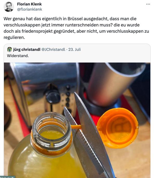 Florian Klenk: "Wer genau hat das eigentlich in Brüssel ausgedacht, dass man die verschlusskappen jetzt immer runterschneiden muss? die eu wurde doch als friedensprojekt gegründet, aber nicht, um verschlusskappen zu regulieren."